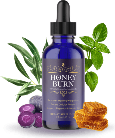 HoneyBurn dropper bottle, dietary supplement, 2 fl oz, 60 ml, with honeycomb and herbs beside it